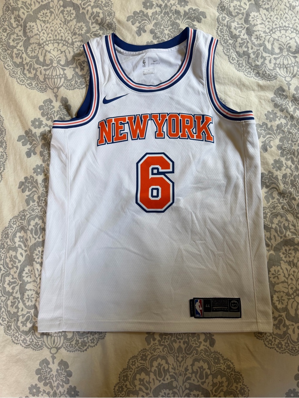 Nike White New York Knicks #6 Jersey with Orange and Navy Trim
